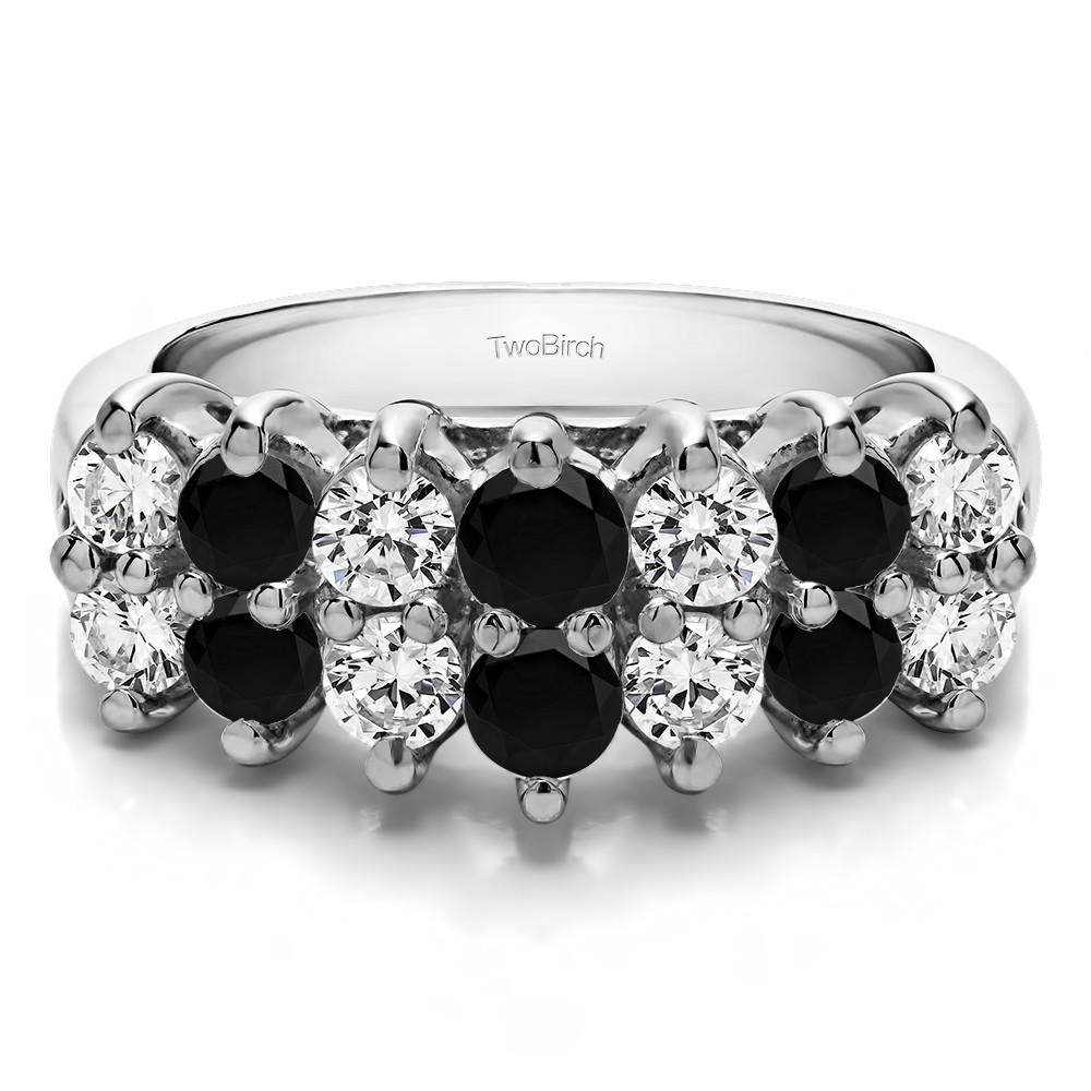 1.99 Carat Black and White Double Row Double Shared Prong Raised Wedding Ring
