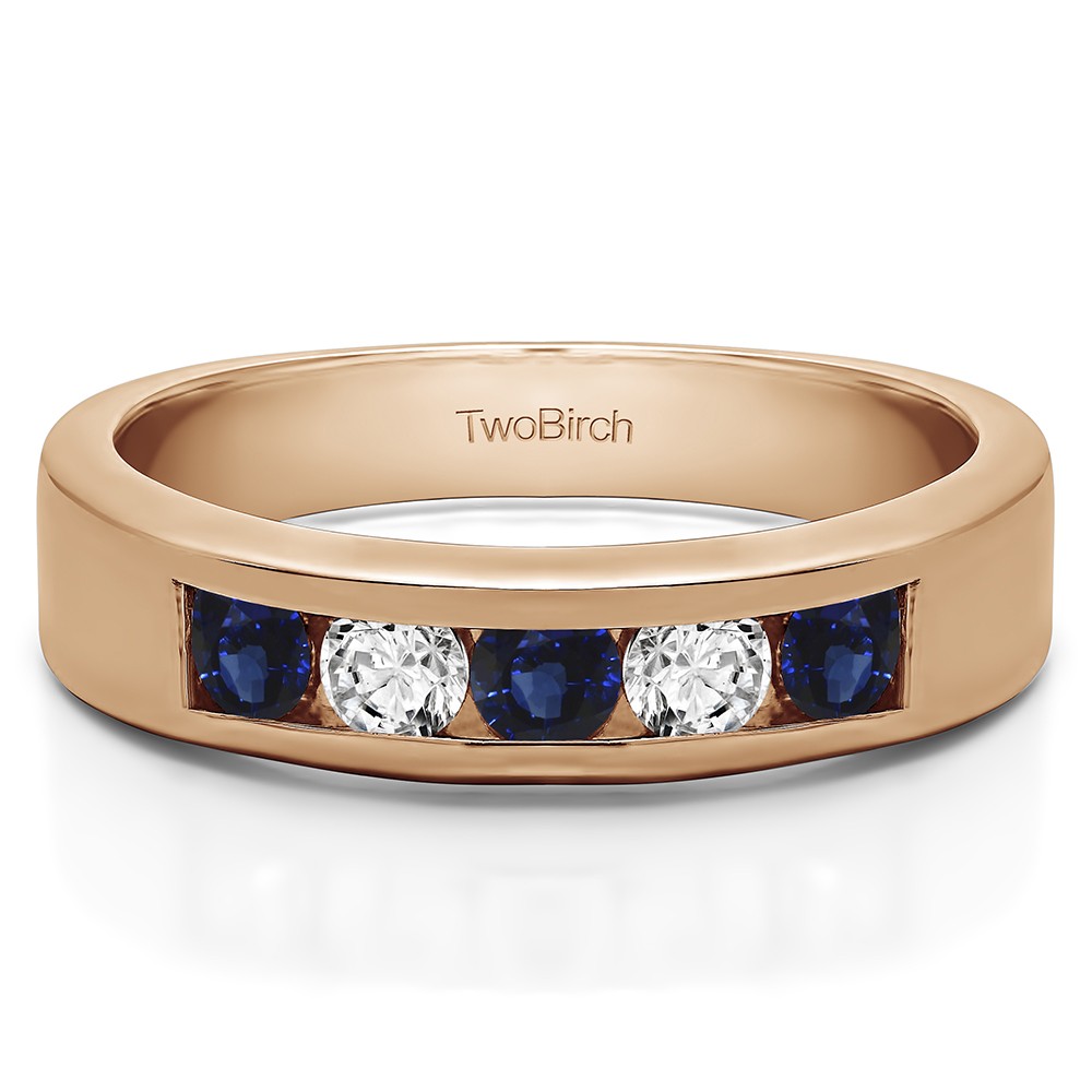 1 Carat Sapphire and Diamond Five Stone Straight Channel Set Wedding Band