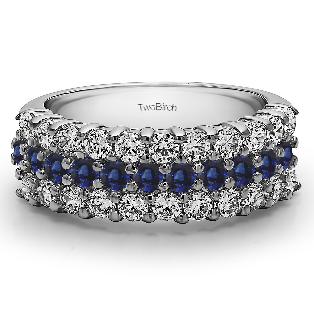 1.49 Carat Sapphire and Diamond Three Row Double Shared Prong Wedding Band