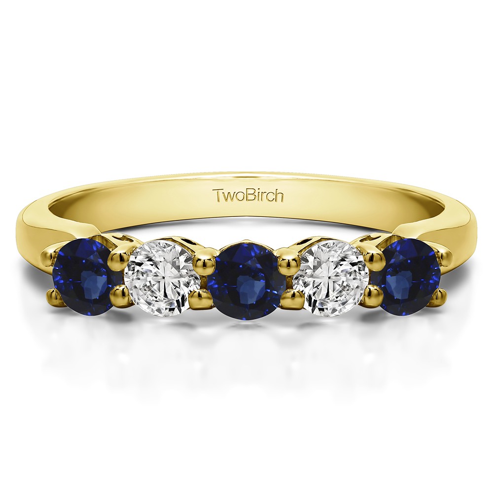 0.5 Carat Sapphire and Diamond Five Stone Shared Prong with Designed Profile Wedding Ring
