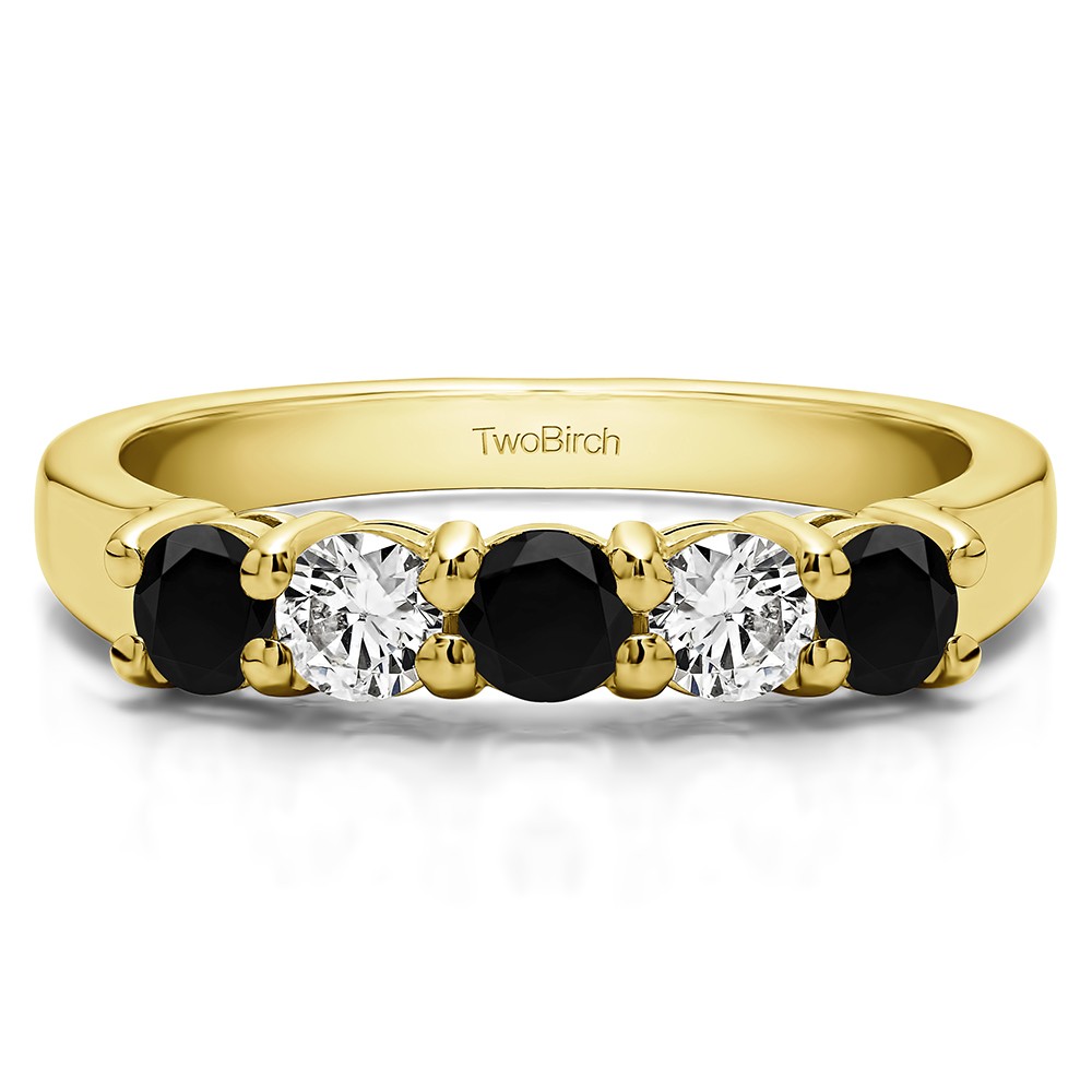 1 Carat Black and White Five Stone Shared Prong U Set Wedding Band
