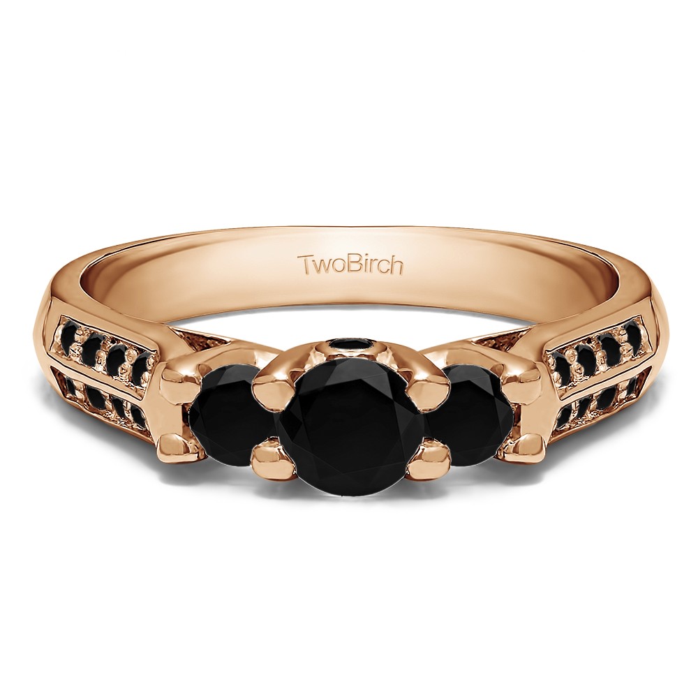 0.87 Carat Black Three Stone Knife Edge Shank Wedding Band