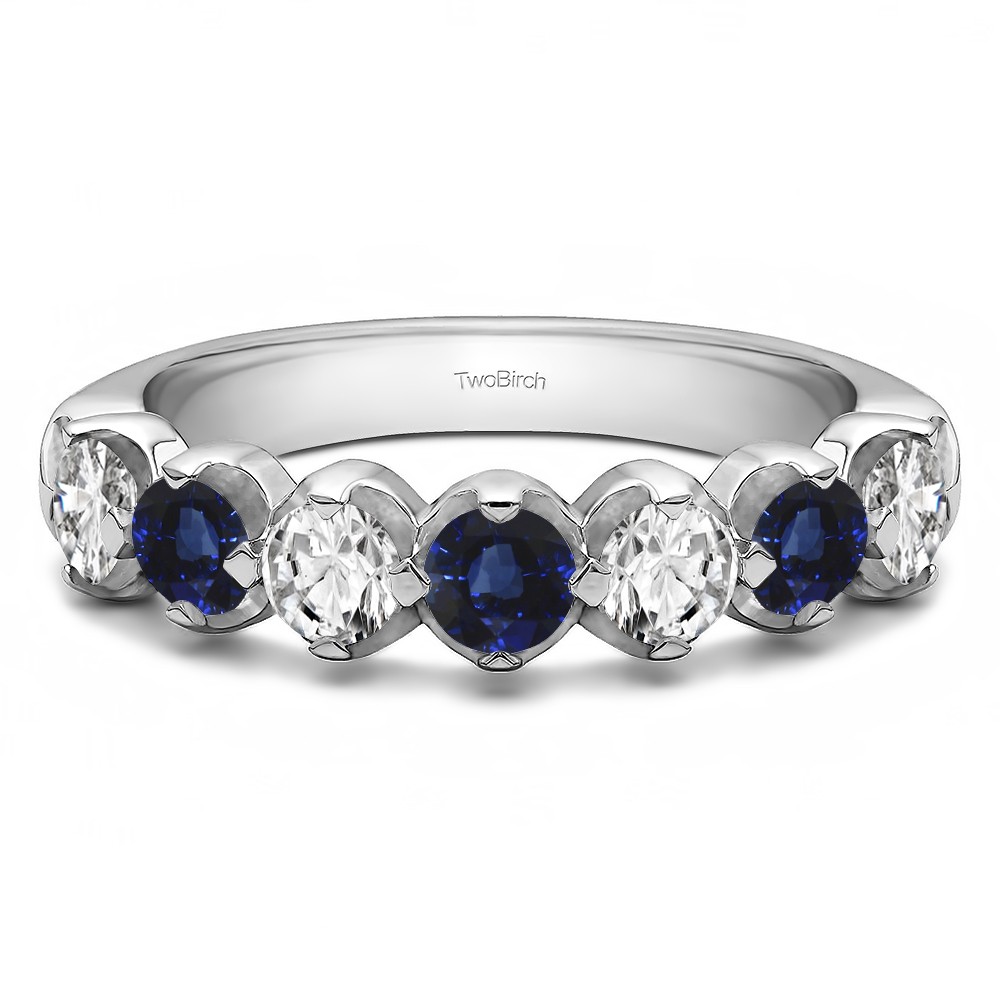 0.7 Carat Sapphire and Diamond Seven Stone Common Prong U Set Wedding Ring