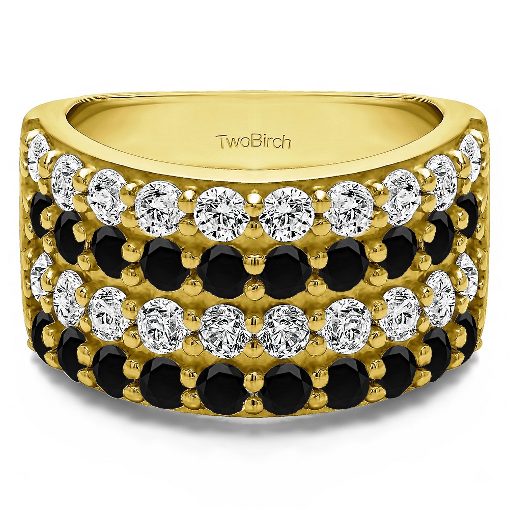 2 Carat Black and White Wide 4 Row Double Shared Prong Wedding Ring