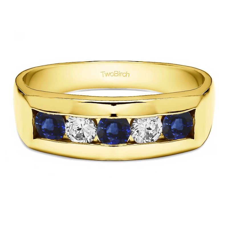 TwoBirch Men's Wedding Rings - 1 Ct. Sapphire and Diamond 5 Stone