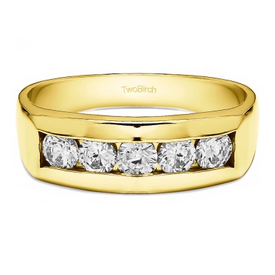 Men's 5 Stone Wedding Band Ring 1 Ct Round Cut Diamond 14K Yellow Gold Finish 
