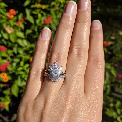 Platinum Plated Sterling Silver Engagement Ring Round CZ Antique Style Flower Ring