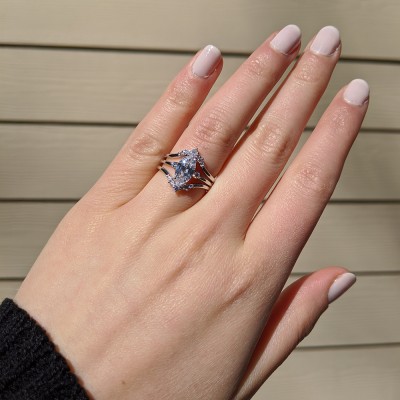 TwoBirch 925 Silver Marquise Three Ring Bridal Set with Three Stone Marquise Engagement Ring and Two Matching Chevron Contour Bands 