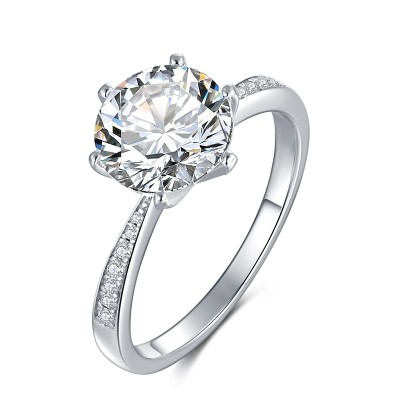 Solid 925 Sterling Silver White Zirconia 6-Prong Set Solitaire Ring 