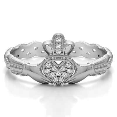 TwoBirch Sterling Silver Celtic Claddagh Wedding Ring with Pave Heart with Cubic Zirconia 0.07 ct. tw.