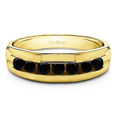 0.49 Ct. Black Seven Stone Channel Set Men's Ring with Open End Design in Yellow Gold