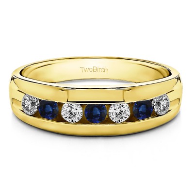 0.49 Ct. Sapphire and Diamond Seven Stone Channel Set Men's Ring with Open End Design in Yellow Gold