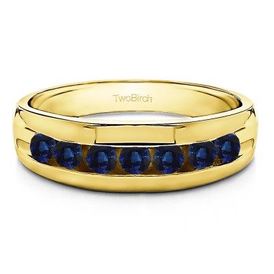 0.49 Ct. Sapphire Seven Stone Channel Set Men's Ring with Open End Design in Yellow Gold