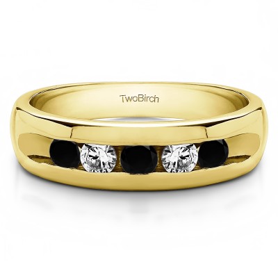 0.75 Ct. Black and White Stone Wide Channel Set Men's Ring with Open End Design in Yellow Gold
