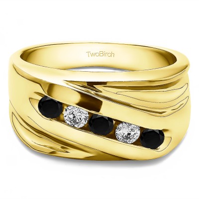 1 Ct. Black and White Five Stone Channel Set Ribbed Shank Men's Wedding Band in Yellow Gold