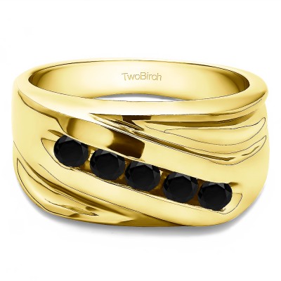 1 Ct. Black Five Stone Channel Set Ribbed Shank Men's Wedding Band in Yellow Gold