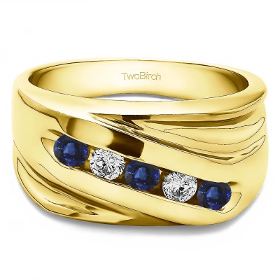 1 Ct. Sapphire and Diamond Five Stone Channel Set Ribbed Shank Men's Wedding Band in Yellow Gold