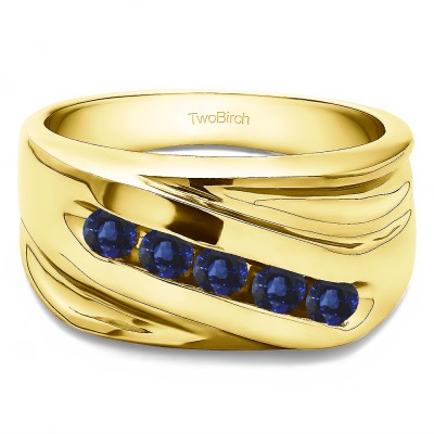 0.5 Ct. Sapphire Five Stone Channel Set Ribbed Shank Men's Wedding Band in Yellow Gold