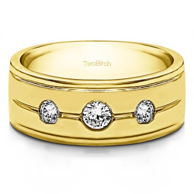 0.5 Ct. Three Stone Burnished Set Men's Wedding Ring in Yellow Gold