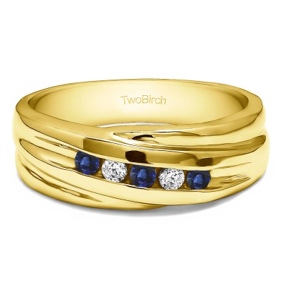 0.25 Ct. Sapphire and Diamond Five Stone Channel Set Men's Ring with Twisted Shank in Yellow Gold