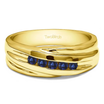 0.25 Ct. Sapphire Five Stone Channel Set Men's Ring with Twisted Shank in Yellow Gold