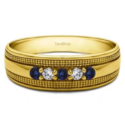 0.5 Ct. Sapphire and Diamond Five Stone Prong set Men's Ring with Millgrained Detailing in Yellow Gold
