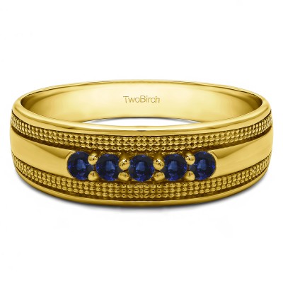 0.5 Ct. Sapphire Five Stone Prong set Men's Ring with Millgrained Detailing in Yellow Gold