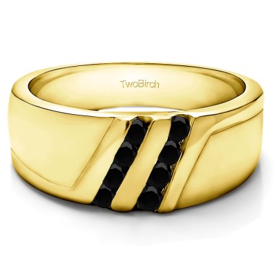 0.22 Ct. Black Stone Double Row Twisted Channel Set Men's Wedding Band in Yellow Gold