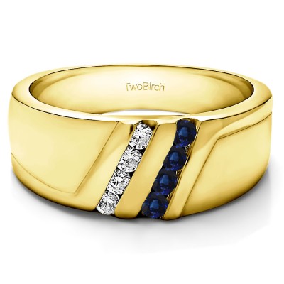 0.22 Ct. Sapphire and Diamond Double Row Twisted Channel Set Men's Wedding Band in Yellow Gold