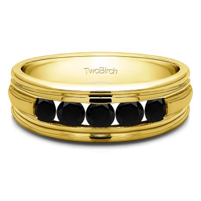 0.75 Ct. Black Five Stone Channel Set Men's Wedding Band with Ribbed Shank in Yellow Gold