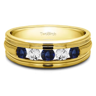 0.75 Ct. Sapphire and Diamond Five Stone Channel Set Men's Wedding Band with Ribbed Shank in Yellow Gold