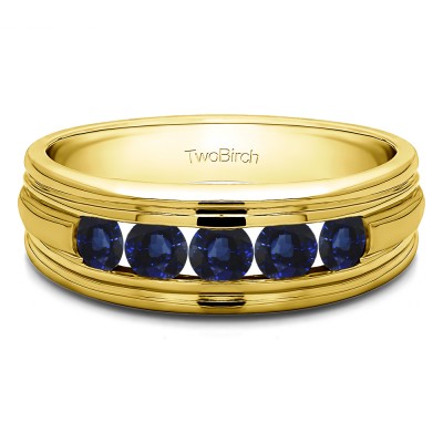 0.75 Ct. Sapphire Five Stone Channel Set Men's Wedding Band with Ribbed Shank in Yellow Gold