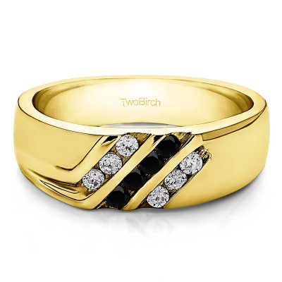 0.32 Ct. Black and White Stone Triple Row Channel Set Men's Wedding Ring with Twisted Shank in Yellow Gold
