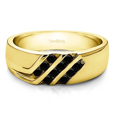 0.32 Ct. Black Stone Triple Row Channel Set Men's Wedding Ring with Twisted Shank in Yellow Gold