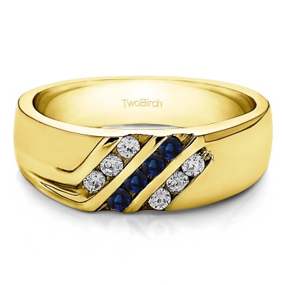 0.32 Ct. Sapphire and Diamond Triple Row Channel Set Men's Wedding Ring with Twisted Shank in Yellow Gold
