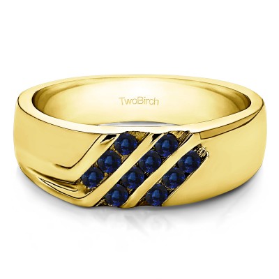 0.32 Ct. Sapphire Triple Row Channel Set Men's Wedding Ring with Twisted Shank in Yellow Gold