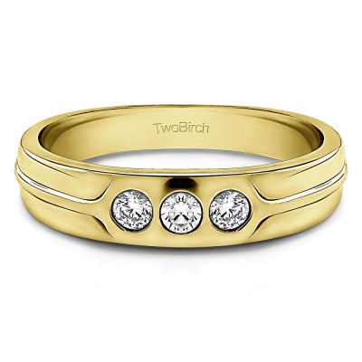0.33 Ct. Three Stone Burnished Designer Shank Men's Wedding Ring in Yellow Gold