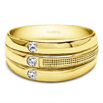 0.3 Ct. Three Stone Ribbed Shank Men's Wedding Ring in Yellow Gold