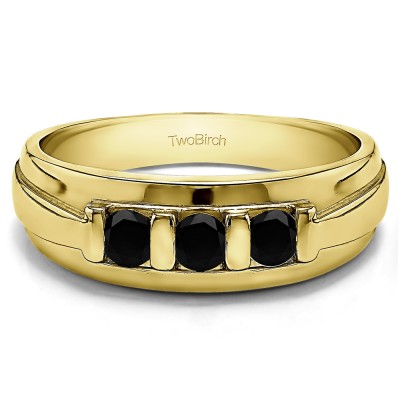 0.74 Ct. Black Three Stone Bar Set Men's Wedding Ring in Yellow Gold