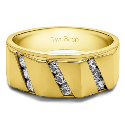 0.49 Ct. Men's Ring with Three Rows of Channel Set Round Stones in Yellow Gold