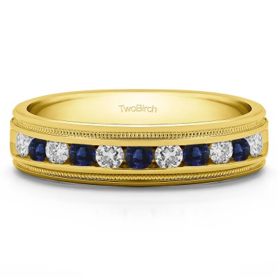 0.77 Ct. Sapphire and Diamond Channel Set Men's Wedding Ring Featuring Millgrain Design in Yellow Gold