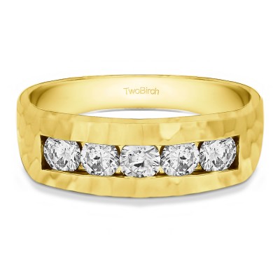 0.5 Ct. Five Stone Channel Set Men's Ring with Hammered Finish in Yellow Gold