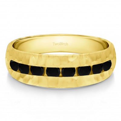 0.52 Ct. Black Stone Open End Channel Set Men's Wedding Band with Hammered Finish in Yellow Gold