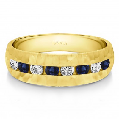 0.52 Ct. Sapphire and Diamond Open End Channel Set Men's Wedding Band with Hammered Finish in Yellow Gold