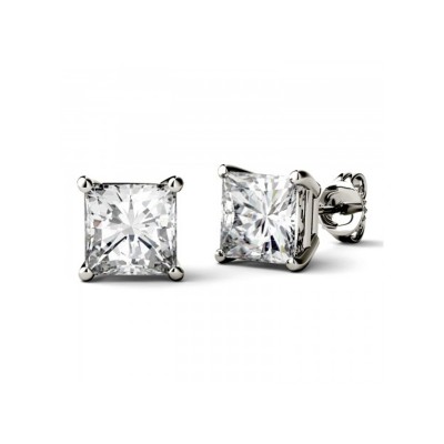 TwoBirch 2 Carat DEW Princess Cut Moissanite Stud Earrings set In 18k White Gold Plated Silver (Certified)