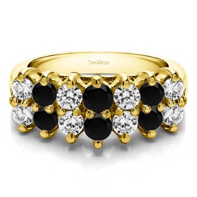 1 Carat Black and White Double Row Double Shared Prong Raised Wedding Ring  in Yellow Gold