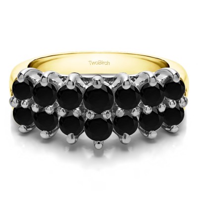 1 Carat Black Double Row Double Shared Prong Raised Wedding Ring  in Two Tone Gold