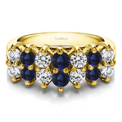 1 Carat Sapphire and Diamond Double Row Double Shared Prong Raised Wedding Ring  in Yellow Gold