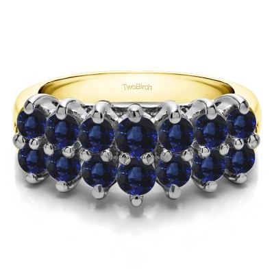1 Carat Sapphire Double Row Double Shared Prong Raised Wedding Ring  in Two Tone Gold
