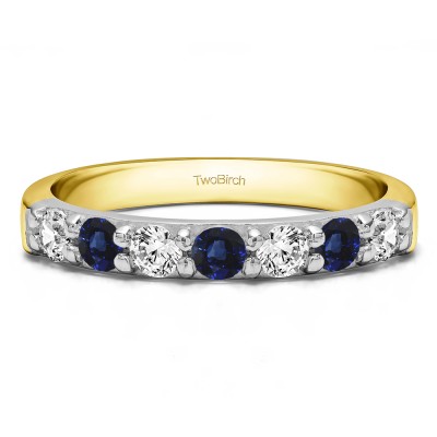 0.98 Carat Sapphire and Diamond Seven Stone Common Prong Wedding Ring in Two Tone Gold